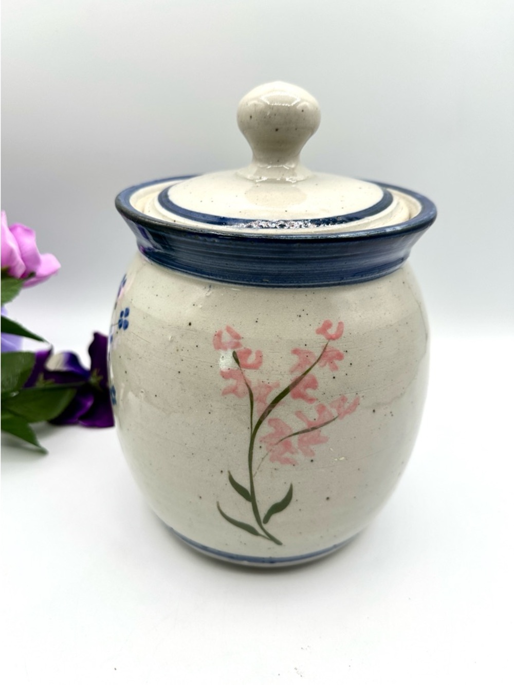 Stoneware Salt Glazed Crock, Lidded. Blue Floral Cookie Canister Pottery.
